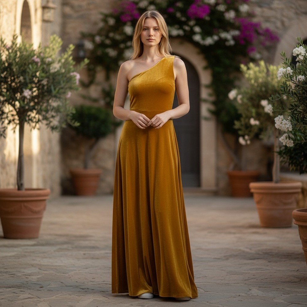 Polo Ralph Lauren One Shoulder Maxi Dress Womens S Gold Velvet Evening Gown